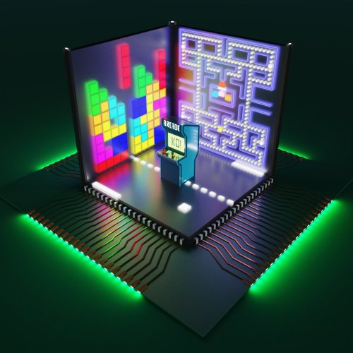 Render de un cuarto con una maquina arcade en el centro y paredes representando videojuegos hecho con voxel art